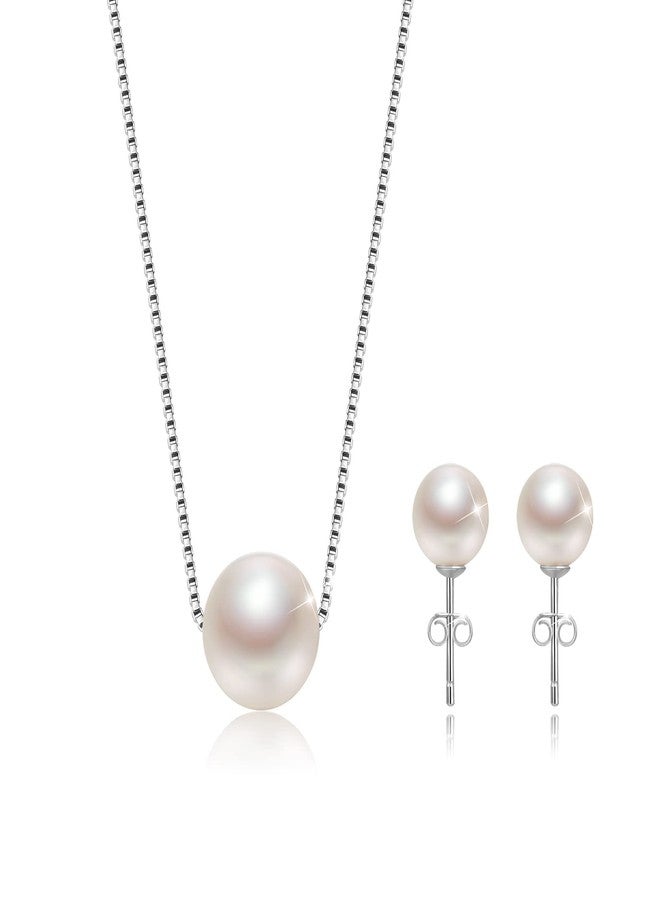 Aocelly Pearl Necklace and Earring Set for Women Sterling Silver, Single Pearl Jewelry Set for Women Simple Pearls Neckalces Sets Wedding Jewelry for Brides Bridesmaid Gifts - Image 1